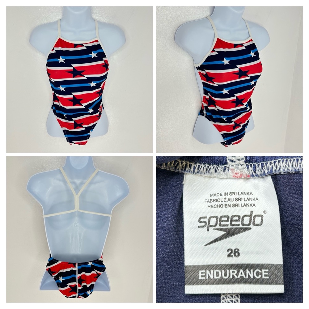 Speedo Swimsuit One Piece Size 26 RWB Patriotic Stars Stripes Red Blue Beach